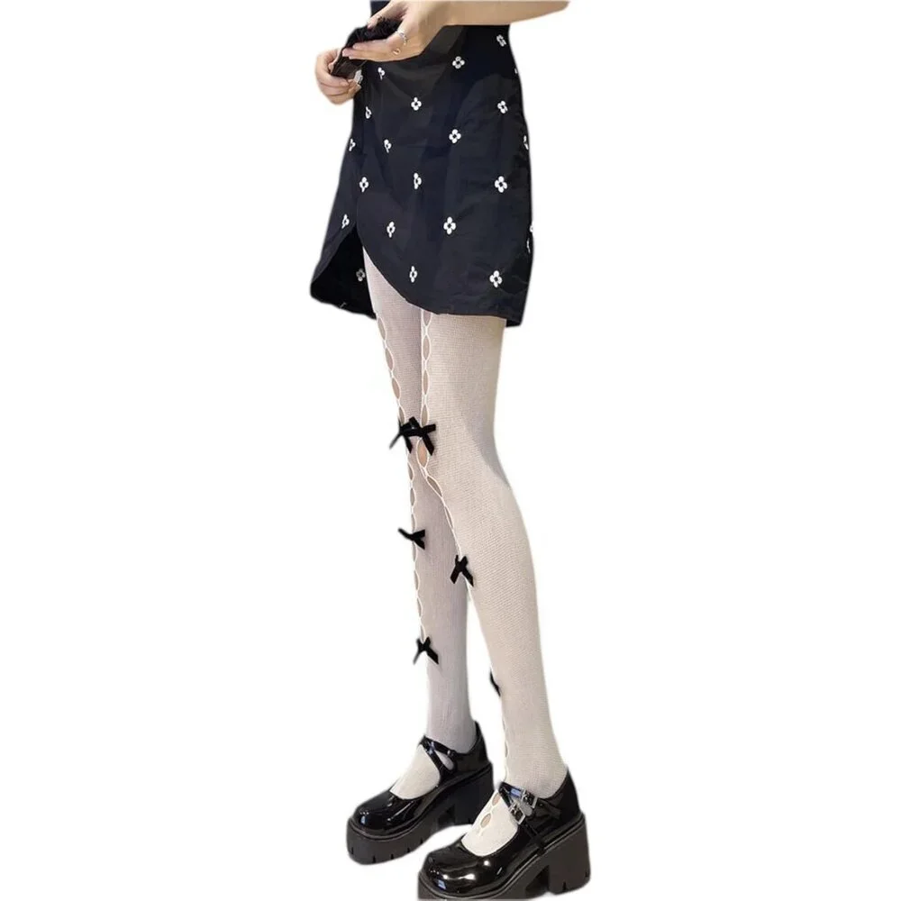 Women Lace Lolita Tights Mesh Bows Goth Stockings Knee High Leggings